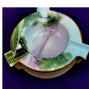 Vintage Handpainted Japan Nippon Mark Ashtray Green Purple Tropical Scene 4.25"